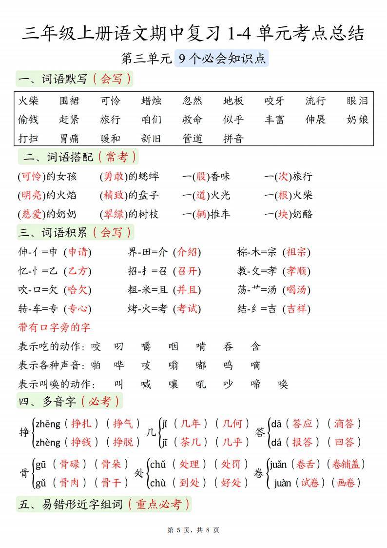 三年级上册语文期中复习1-4单元重点考点单元梳理(电子版可打印)_词语