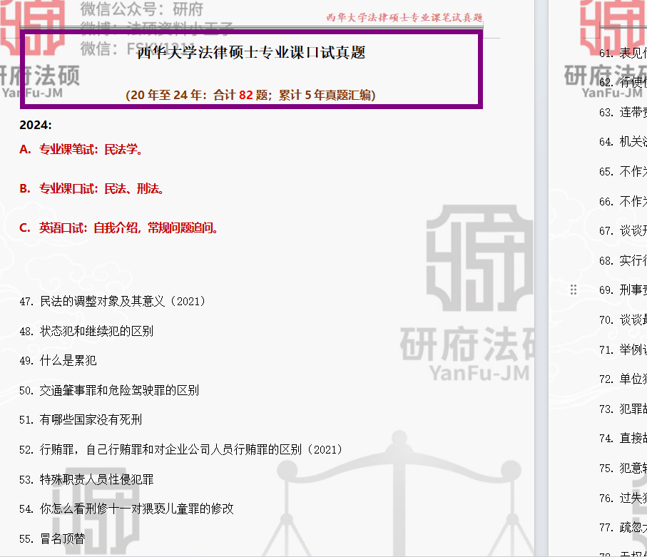 独家汇总159题:西华大学法硕复试真题/法律硕士专业课口试真题82题原题再现/西华大学真题77题【正式面试复试原题】_上岸_环节_大神