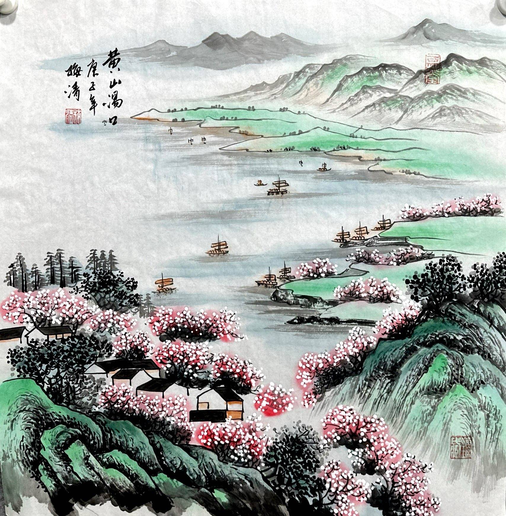 其笔下的山峰多以重墨勾勒轮廓辅以皴法强化质感山体以斧劈皴表现