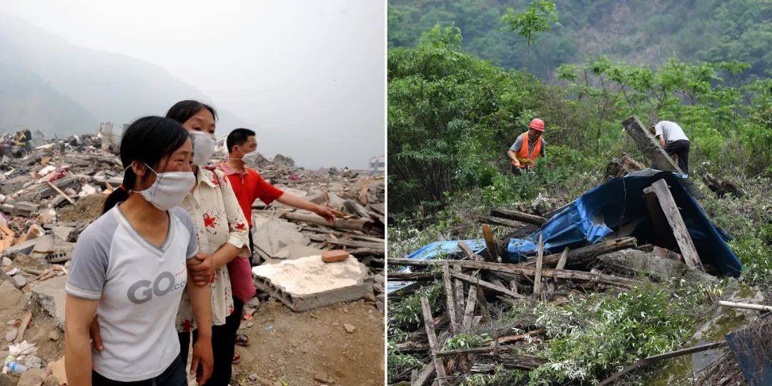 汶川大地震旧址前后对比,绿树青藤长满残壁断垣,却难掩旧痛