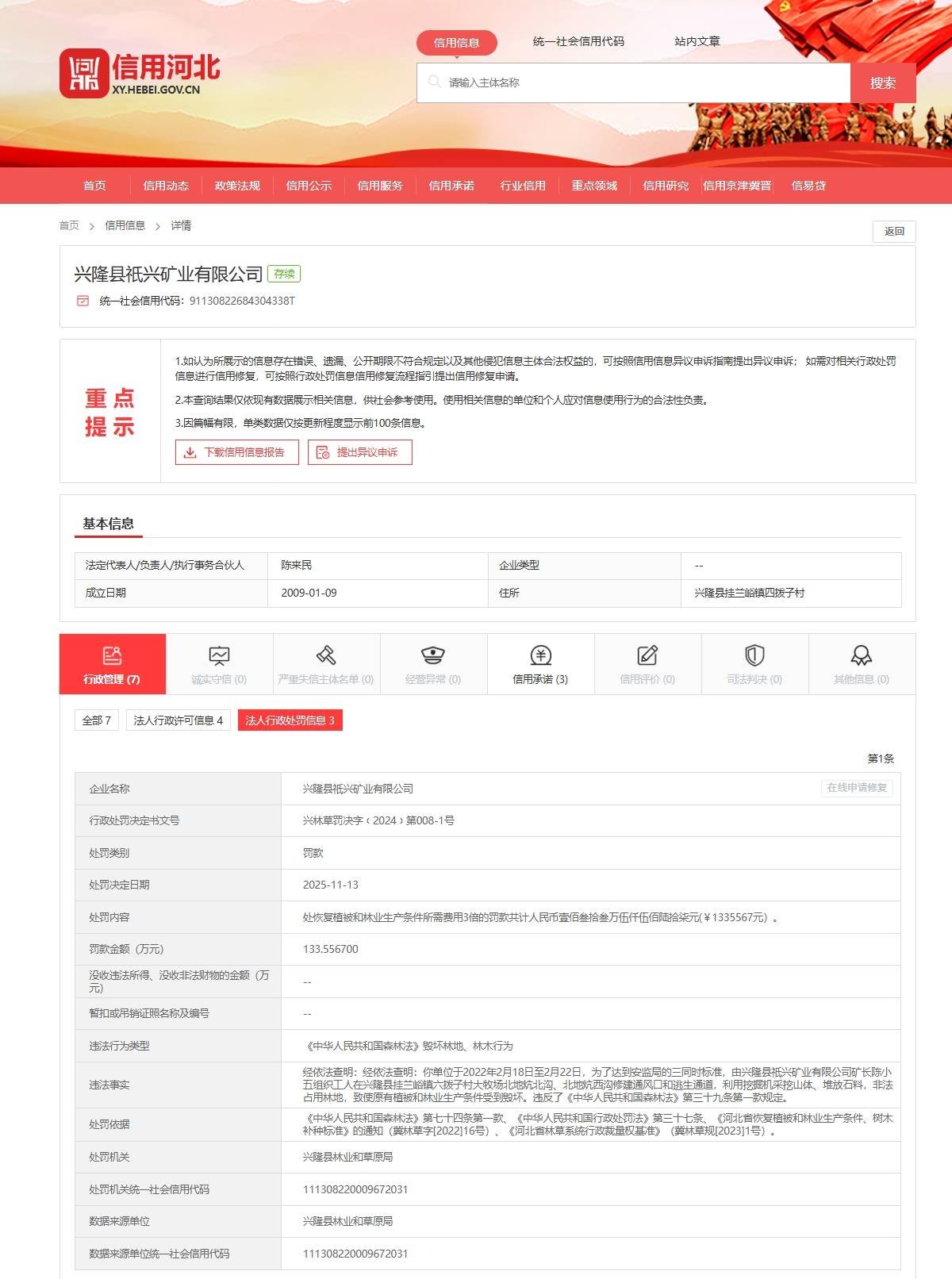 兴隆县祇兴矿业有限公司因非法占用林地被处以逾133万元罚款(图1)