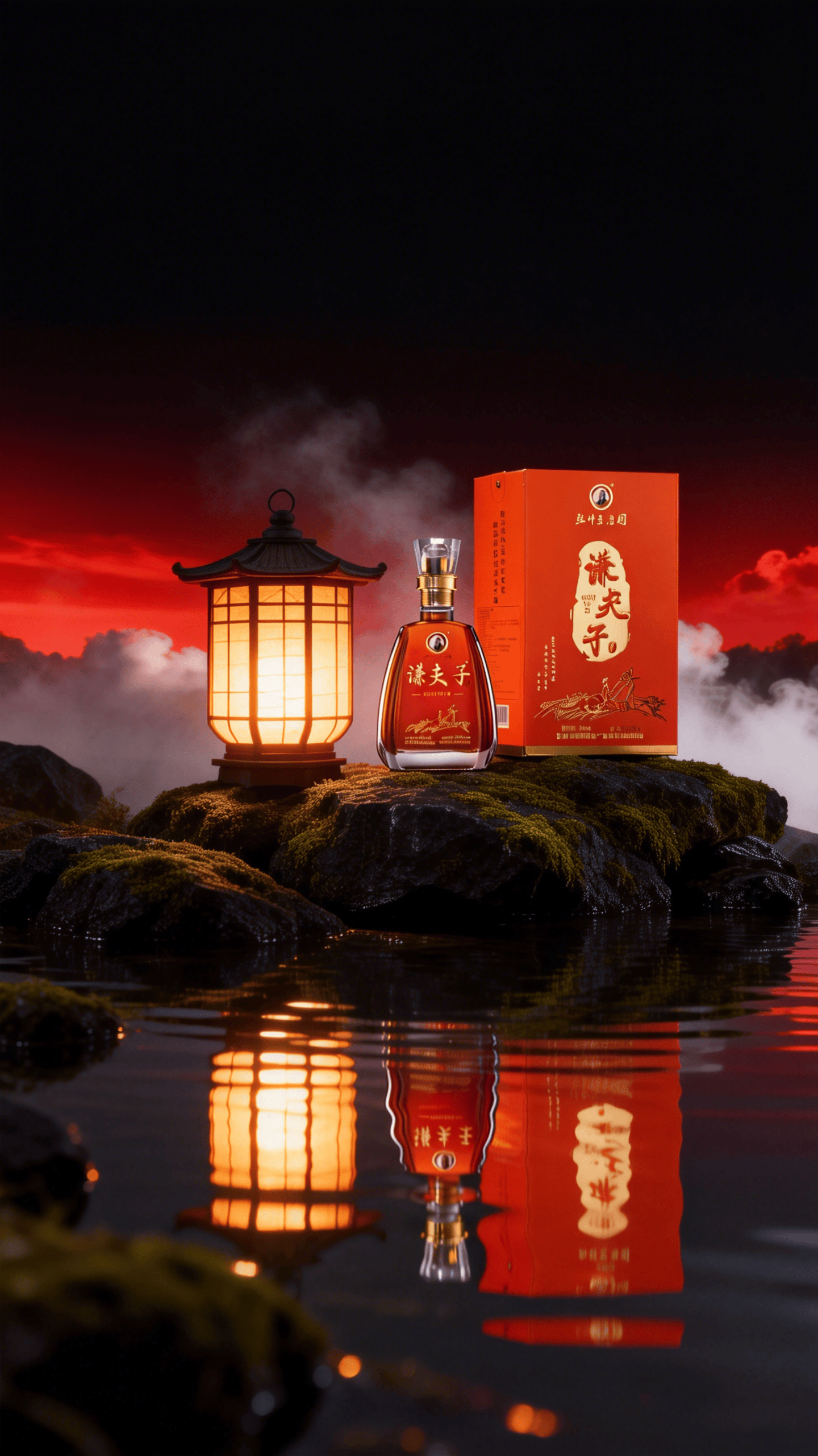 jimeng-2026-01-05-9454-酒水场景商业拍摄，新中式风格，这个酒，超广角镜头，水面，反射，唯美，背景黑红渐变...._0.png