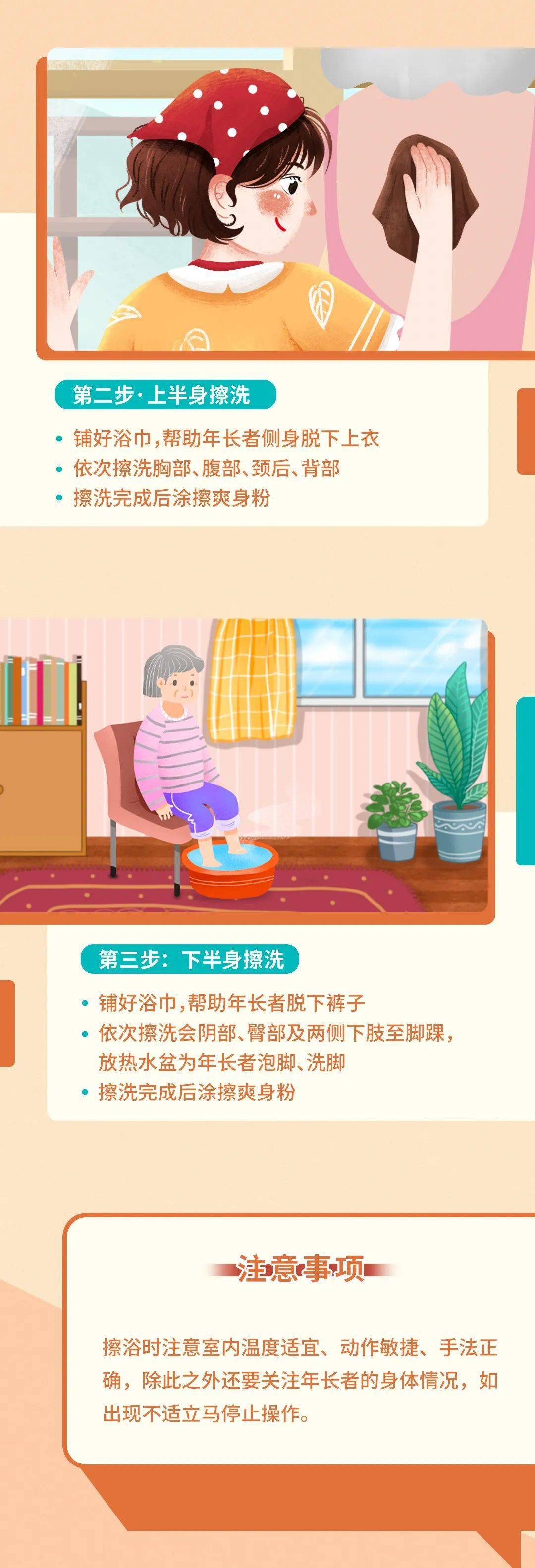 图:如何帮助卧床老人进行清洗沐浴(擦浴,淋浴,手足浴)