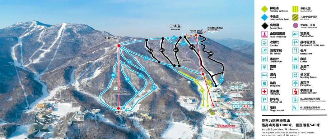 *亚布力阳光滑雪场有17条雪道,高级雪道6条,中级雪道8条,初级雪道3条.