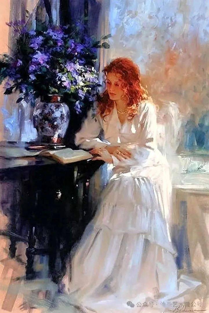 美国当代印象派画家richard s johnson油画美少妇