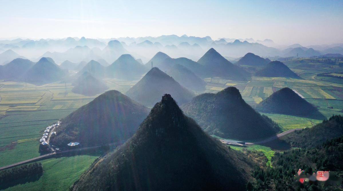 2024年2月15日,云南省罗平县金鸡峰丛春色迷人,层层叠叠的峰林被盛开