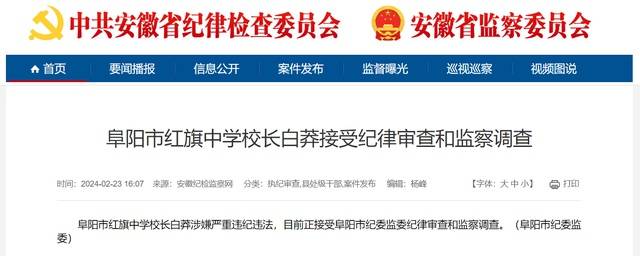 阜阳市红旗中学校长白莽接受审查调查_监察_违纪_违法