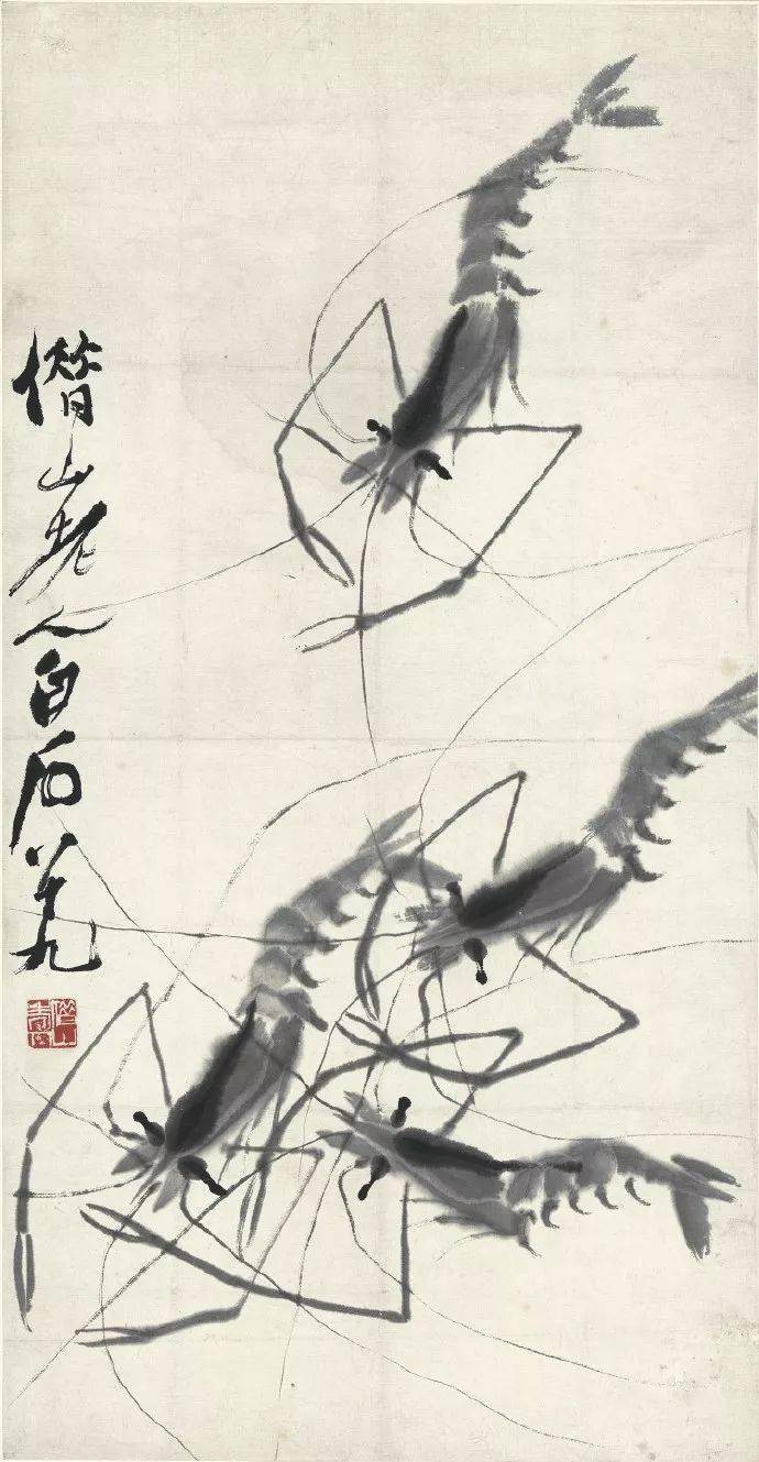 齐白石画虾已入化境,在简括的笔墨中表现了游弋水中的群虾.
