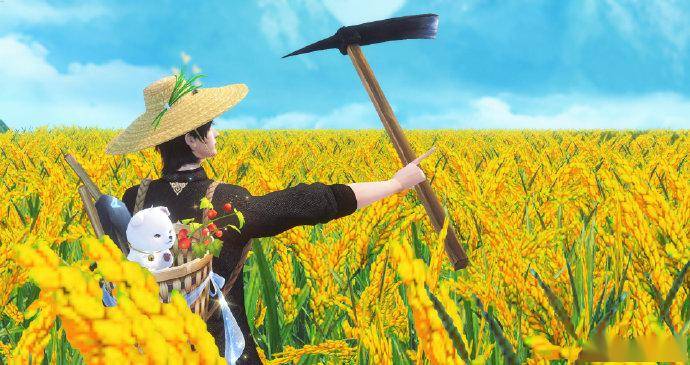 稻穗翻涌,蓝天白云下春光正好少侠身着玄色短衫长裤佩戴【禾下乘凉】