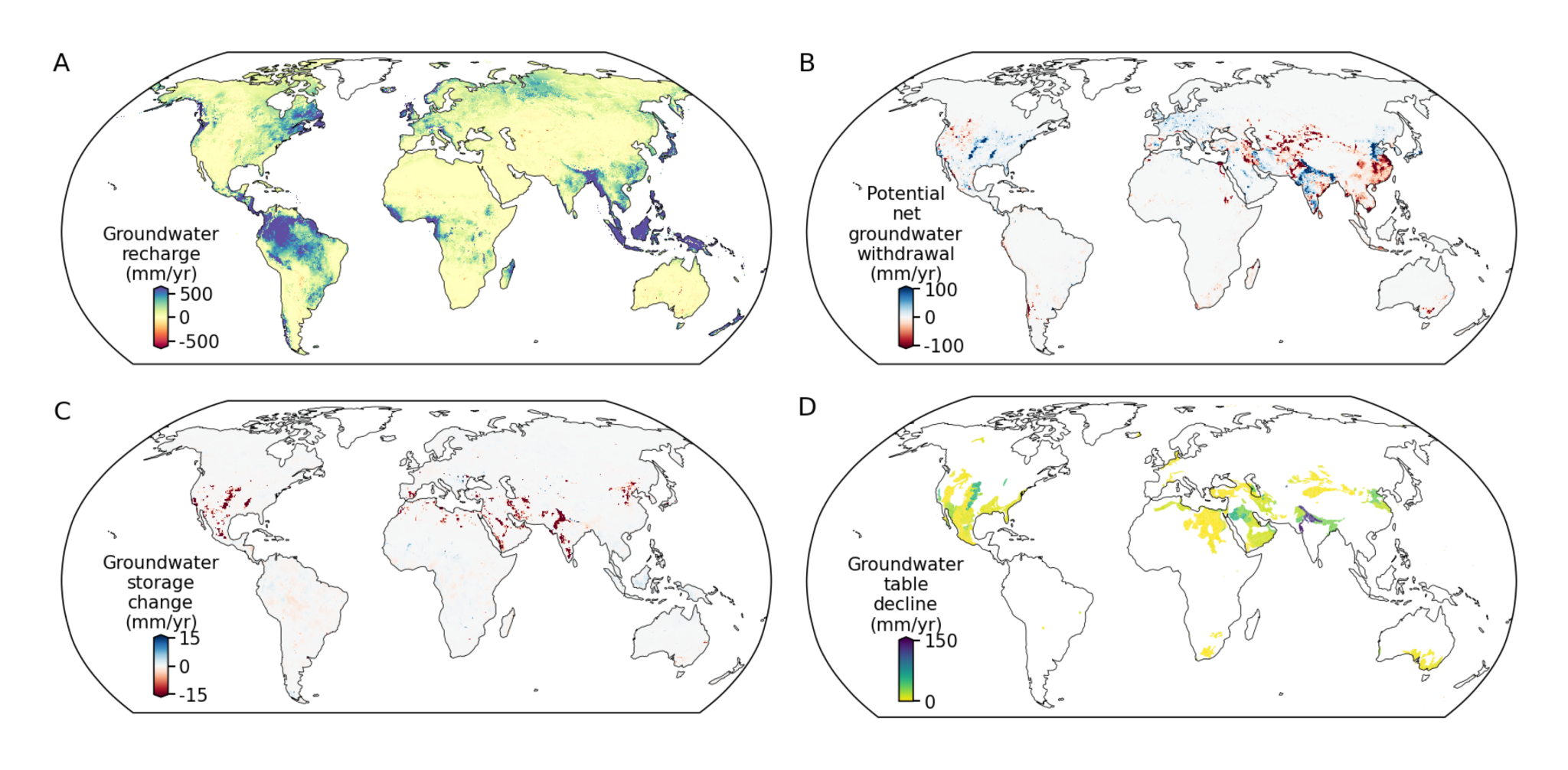 (a) pcr-globwb模擬的1960-2010年間全球地下水年平均補給量空間分佈.