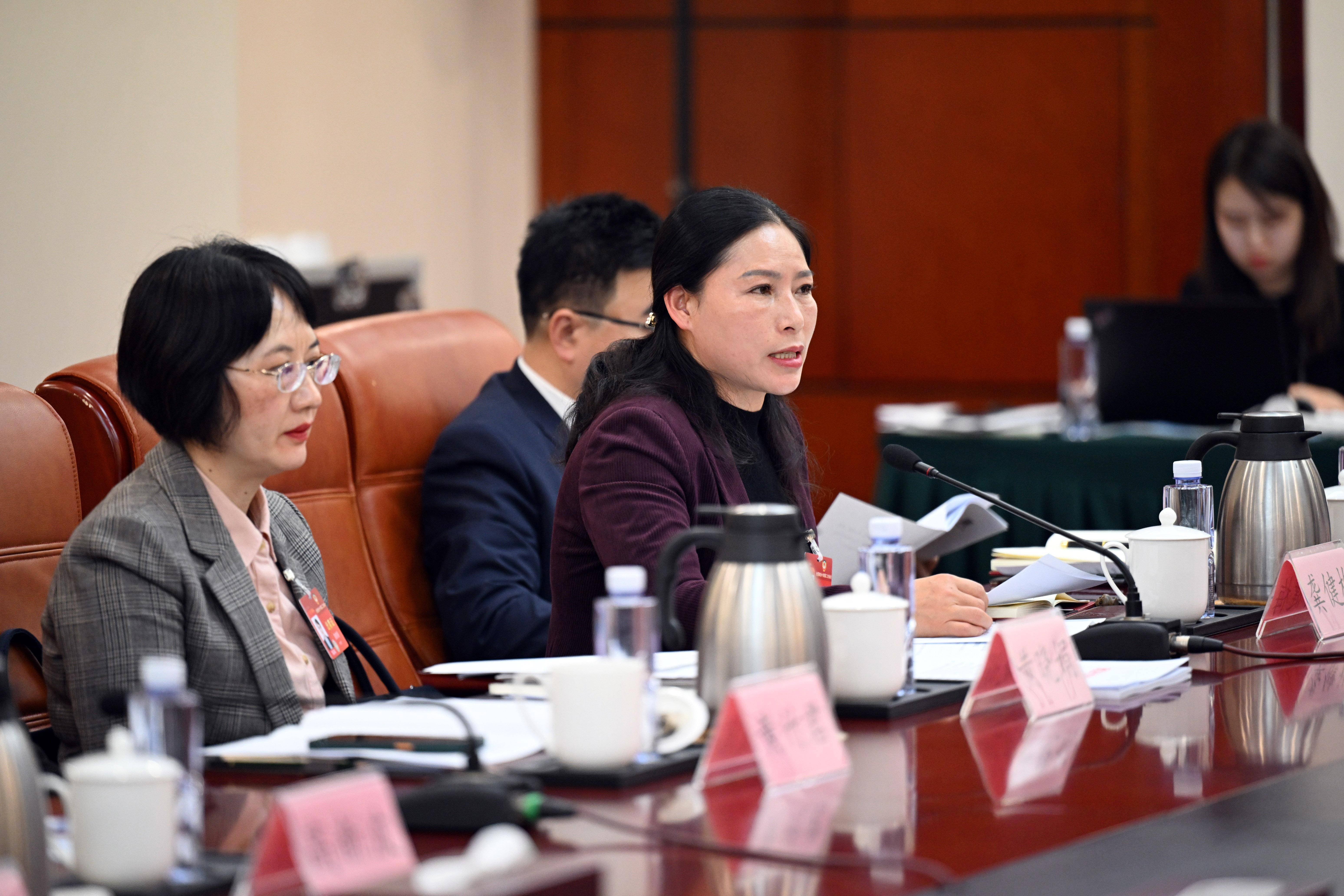 新华社记者 陈晔华 摄3月7日,林燕云代表(左)在十四届全国人大二次
