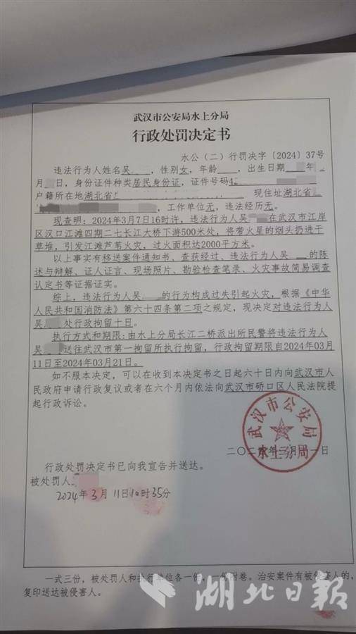 乱扔烟头致江滩芦苇荡起火武汉一人被行政拘留10日
