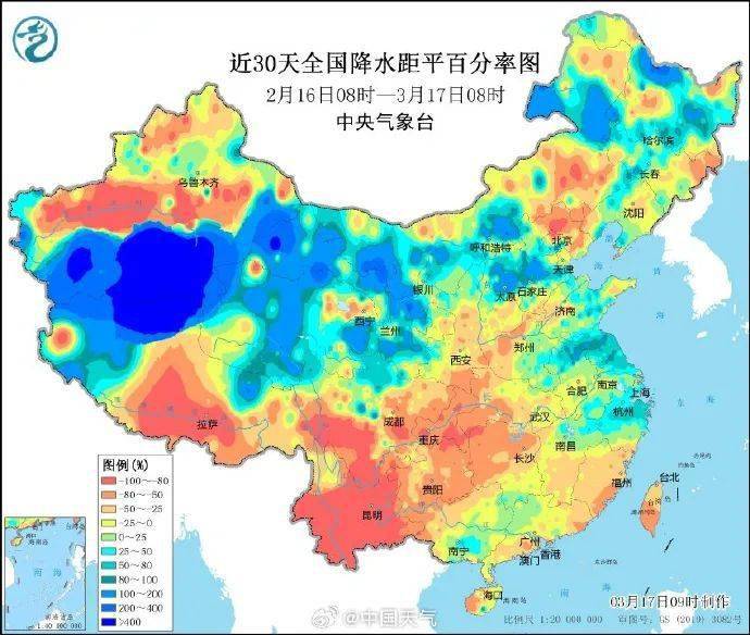 得飘红了可见从近30天全国降水距平百分率图云南最近有多缺雨昆明的雨