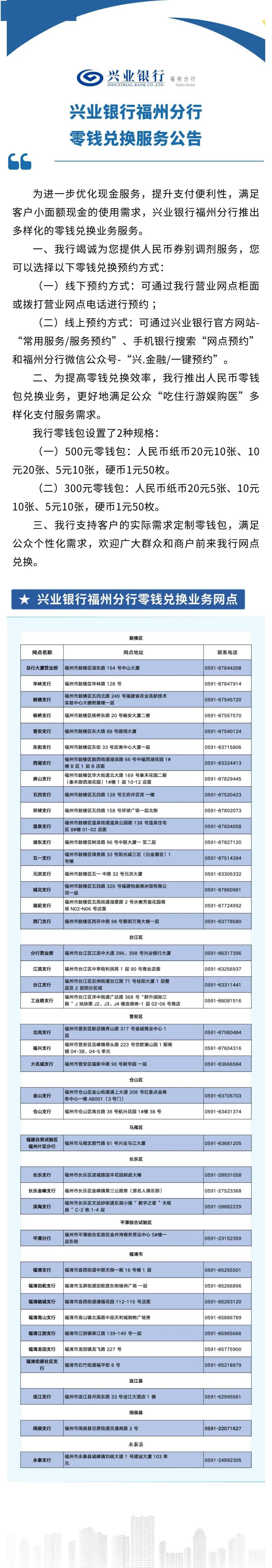 兴业银行福州分行零钱兑换服务公告