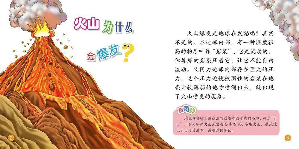 从这副插图里,孩子不仅能看见火山爆发时的情景,还能观察到流淌而下的