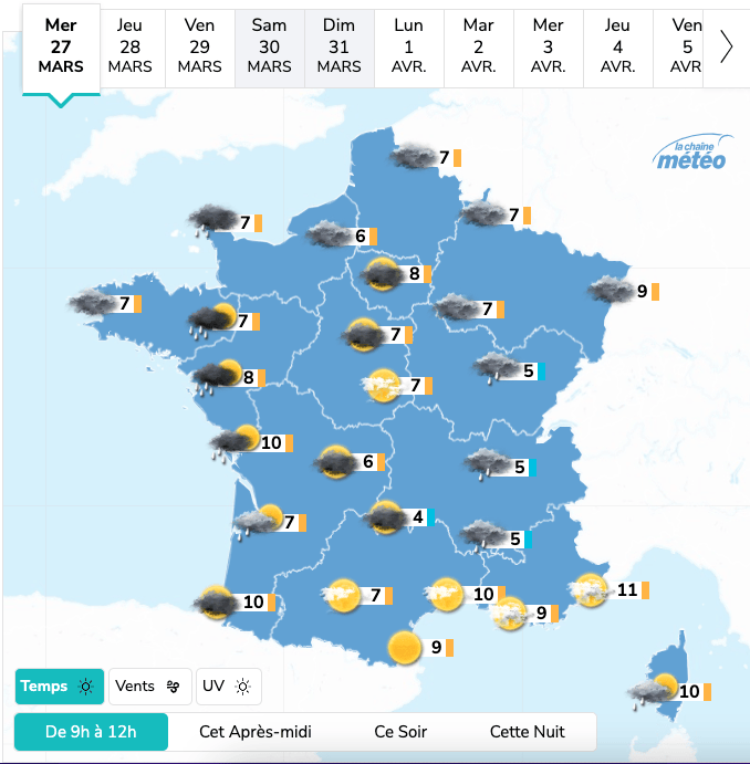 我们共勉.持续降雨和大风,依然是法国目前的主导天气.大家还是多穿点.