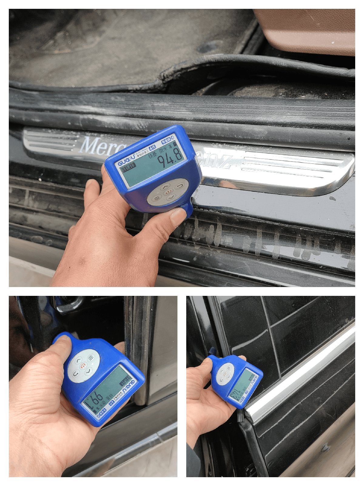 车门也是有钣金修复,也刮了很厚的腻子,门铰链螺丝也只有一颗有拆装