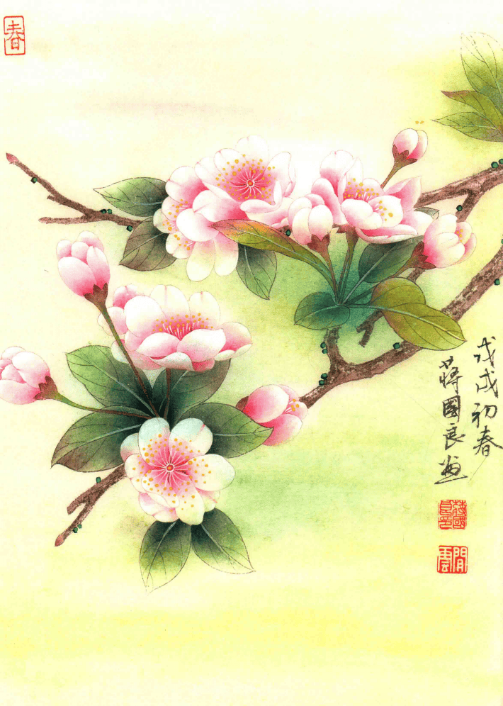 工笔樱花《满园春色关不住》创作示范步骤五:调整画面,注意虚实关系.