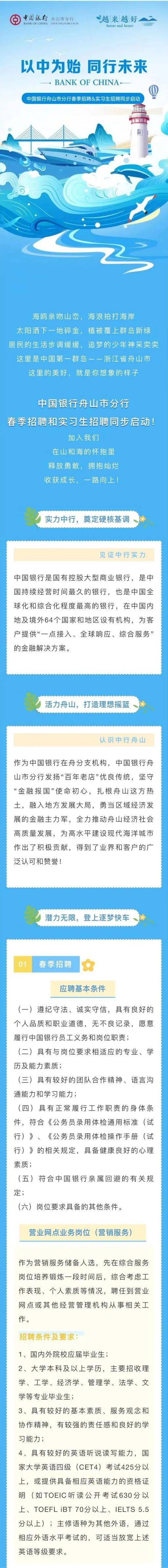 招聘信息中国银行舟山市分行2024春季招聘和实习生招聘同步启动