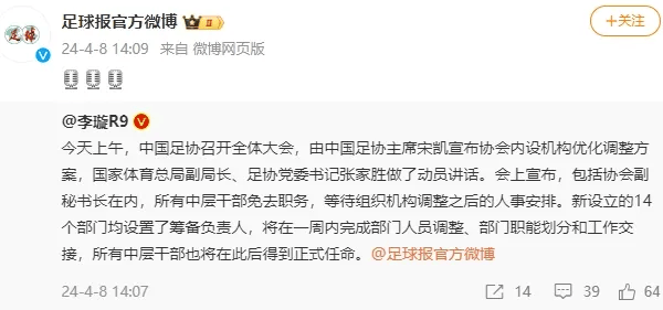 据@足球报官方微博消息,中国足协4月8日召开全体大会,包括协会副秘书