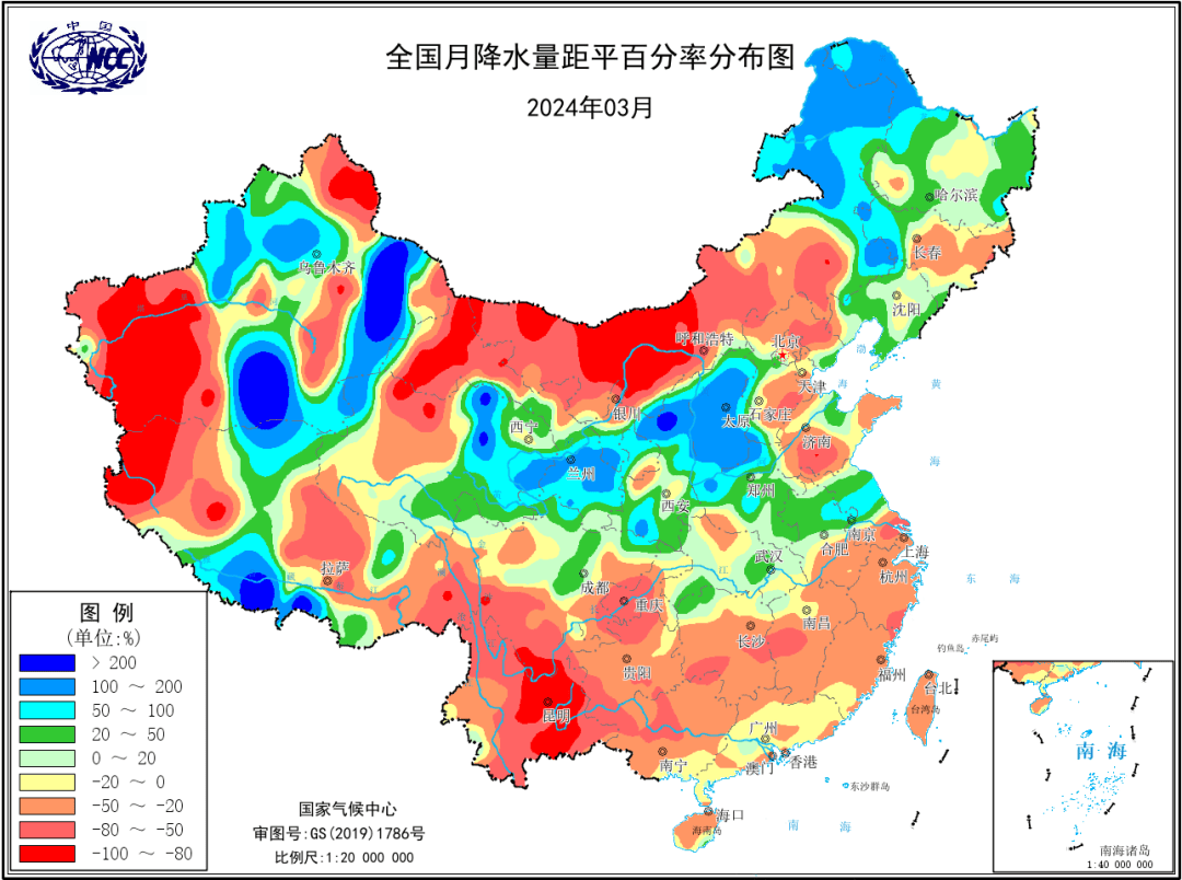 2024年3月全国平均气温距平分布图(单位(二)降水不均,但茶情较