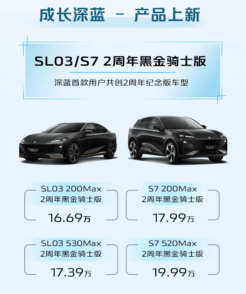 长安深蓝SL03/S7两周年黑金骑士版汽车发布 相比原版售价均上调1万元
