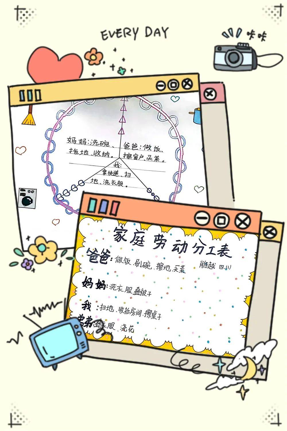 四年级的学生们纷纷在家中制定家庭劳动分工表,全家齐上阵,家务一扫光