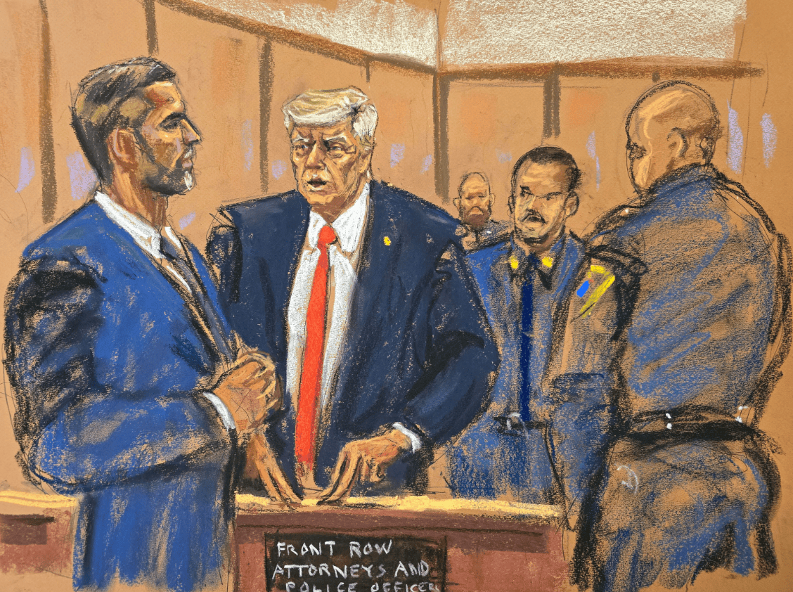 素描师对特朗普的画像特朗普的代表律师托德·布兰奇则向法庭提出