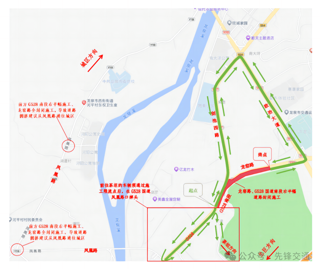 02前往龙泉城区的绕行路线528国道—施工限流点—剑池西路(南秦小学