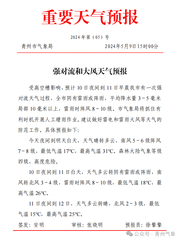 青州气象局发布强对流和大风天气提醒