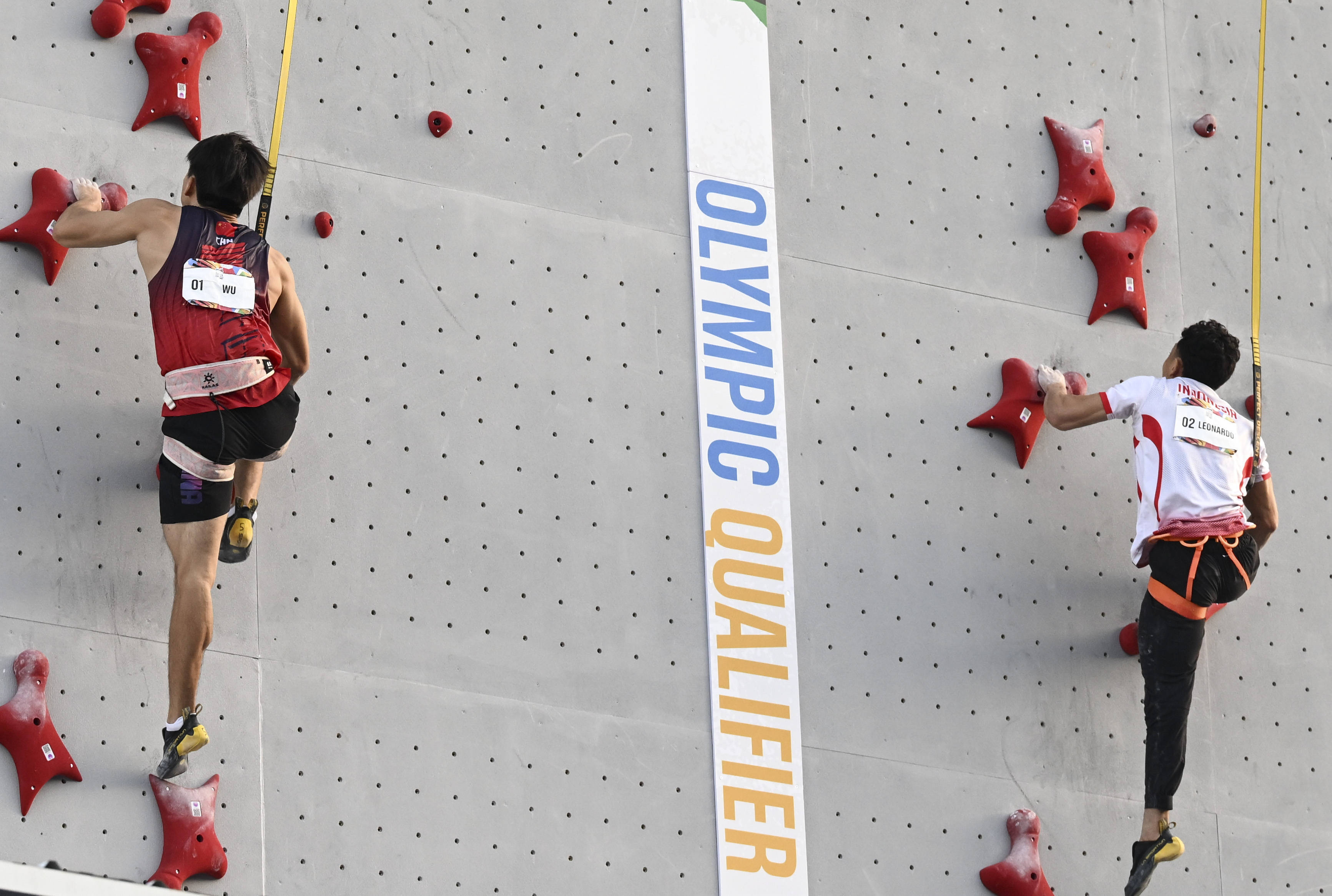 攀岩——奥运会资格系列赛上海站:伍鹏,王欣尚分获男子速度赛亚军和