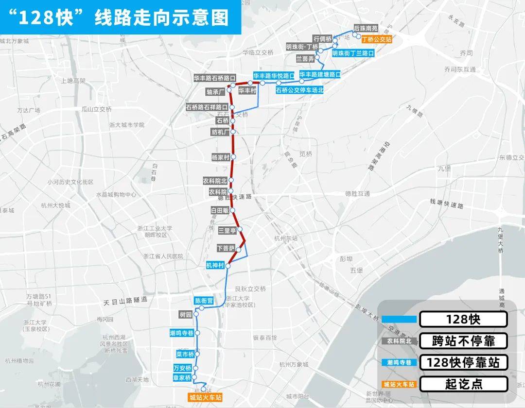 针对连接了丁桥板块的128路,杭州公交也将同步推出128快,该线路将在