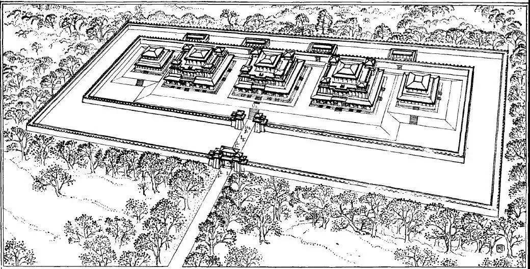 镶嵌,铜版背面中部有一对铺首,正面为中山王,后,夫人陵园的平面设计图