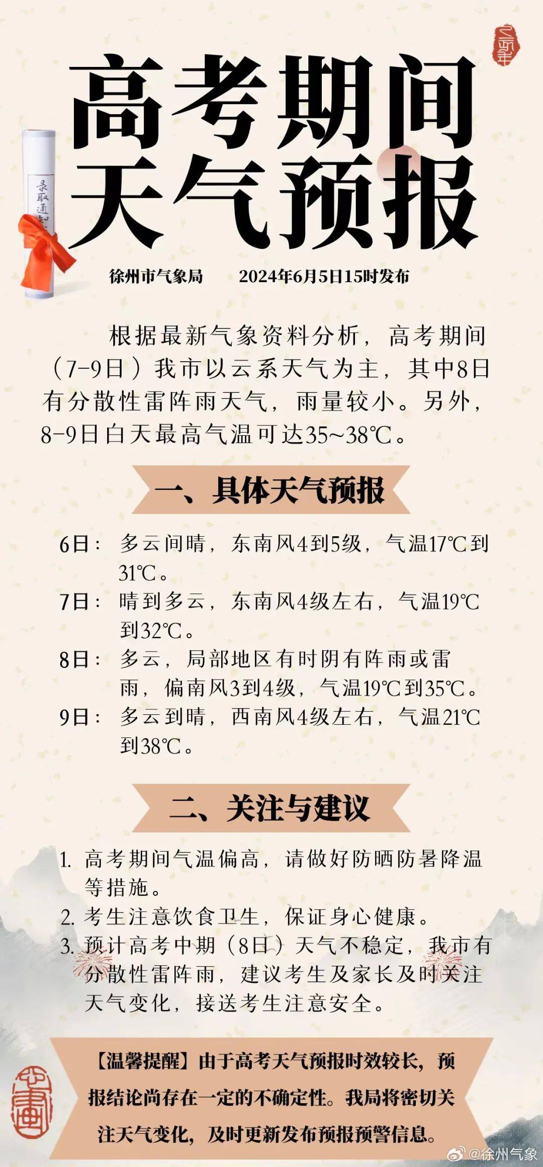 具体内容跟着晨小编一起来看看吧高考期间天气预报徐州气象发布了刚刚