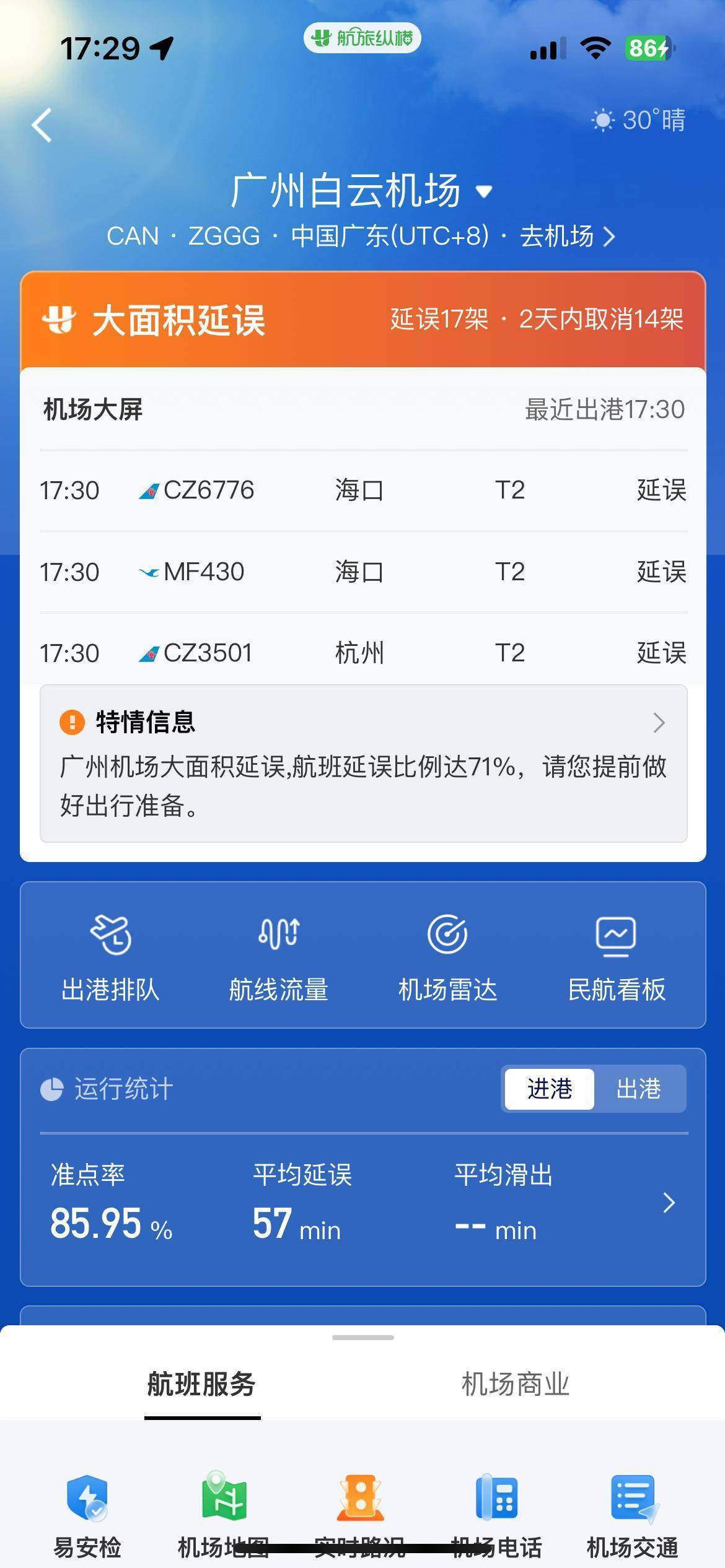 记者登陆平台查询看到,截至发稿,广州白云机场大面积延误,航班延误