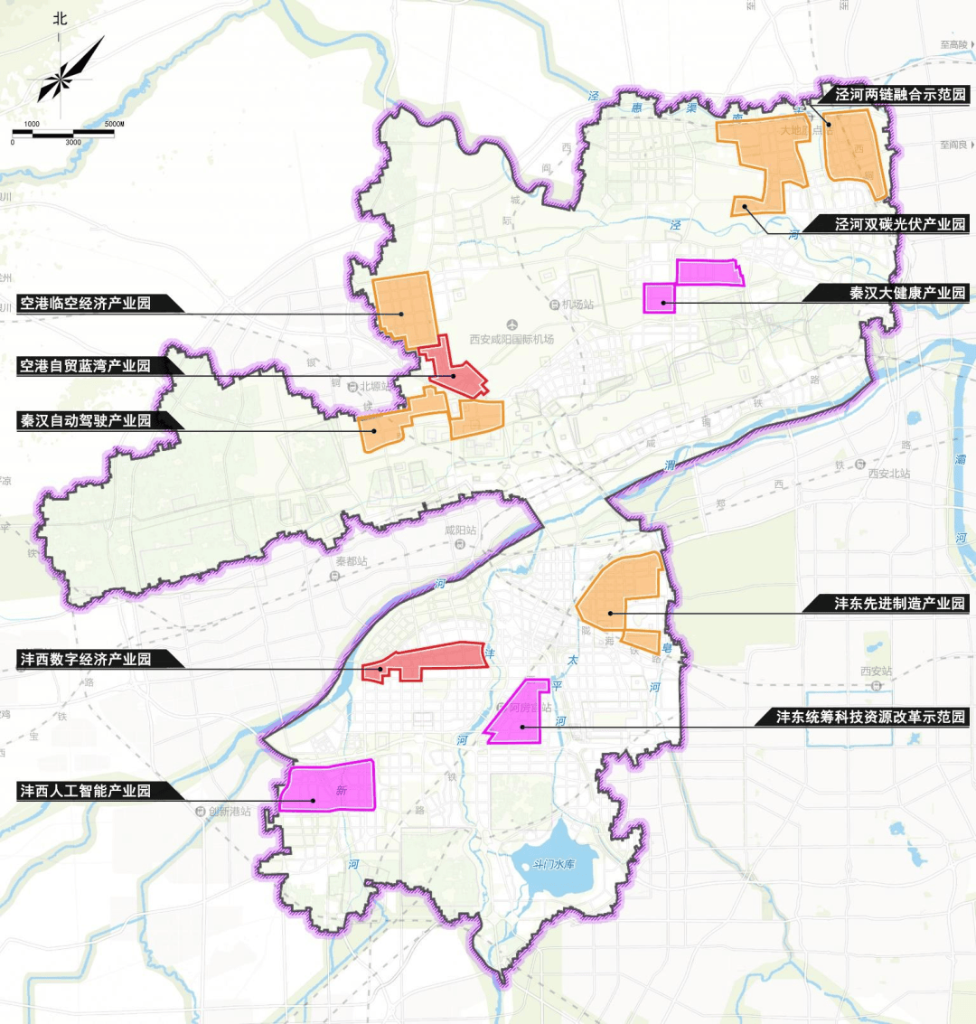 西咸新区十大特色园区分布示意城市总体风貌方面,《规划》提出形成"