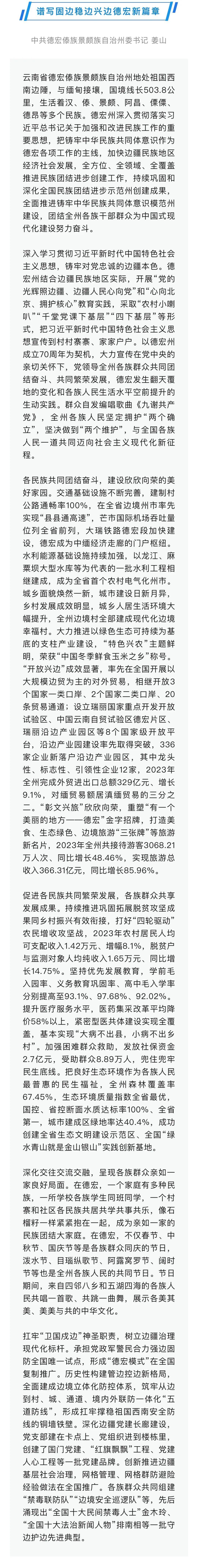 《中国民族报》刊发姜山署名文章:谱写固边稳边兴边德宏新篇章