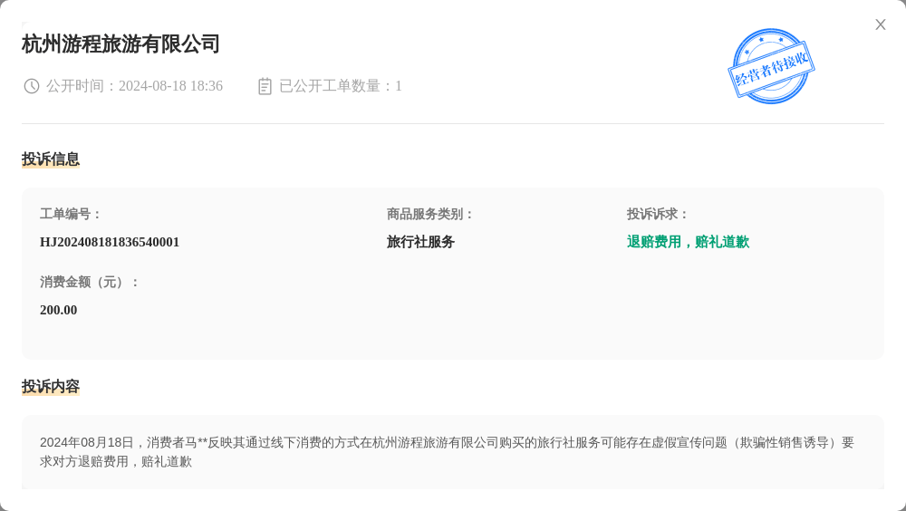 涉及消费金额200.00元 杭州游程旅游有限公司8月18日被投诉