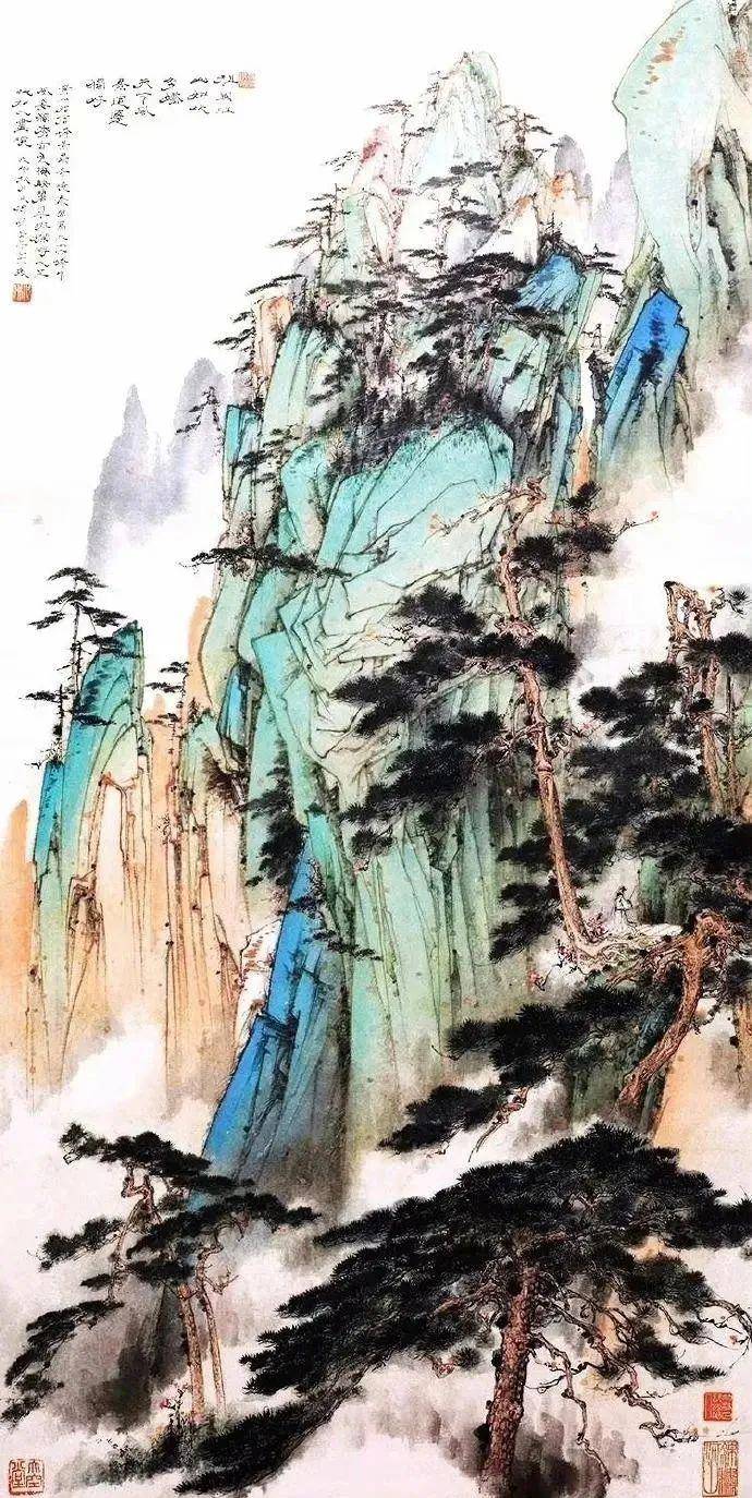 胡也佛的黄山彩墨山水画,色彩浓重,高贵典雅