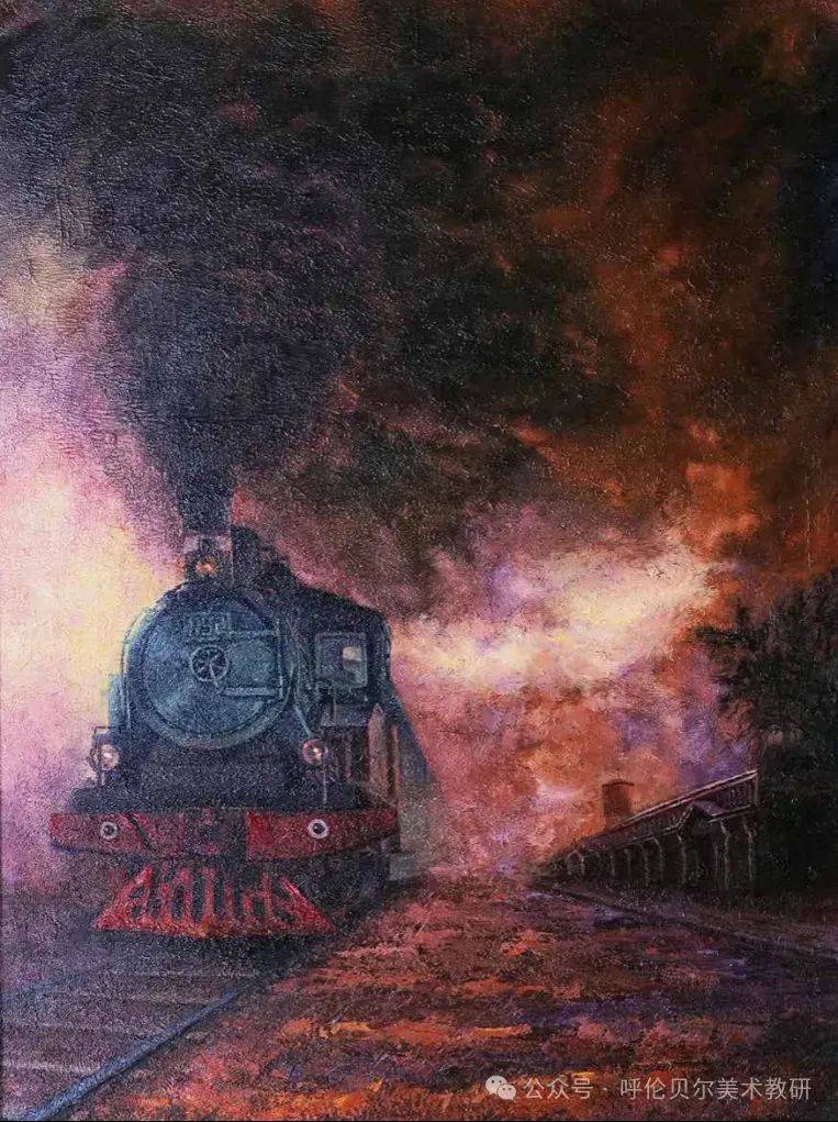 尤其是那幅  记忆> ,把火车画得惟妙惟肖,站在画前,我仿佛听到了火车