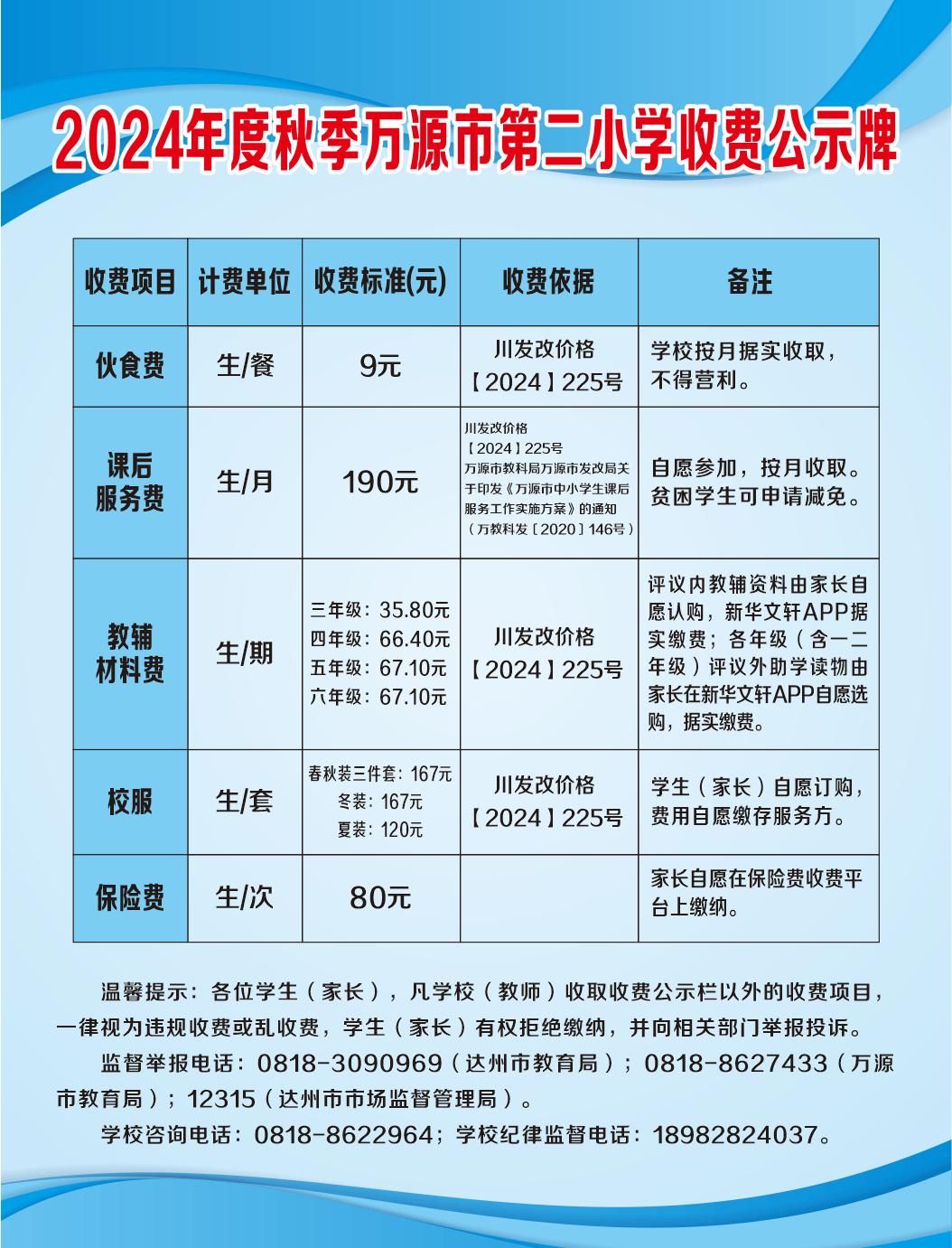 万源市第二小学2024年秋季教育收费公示