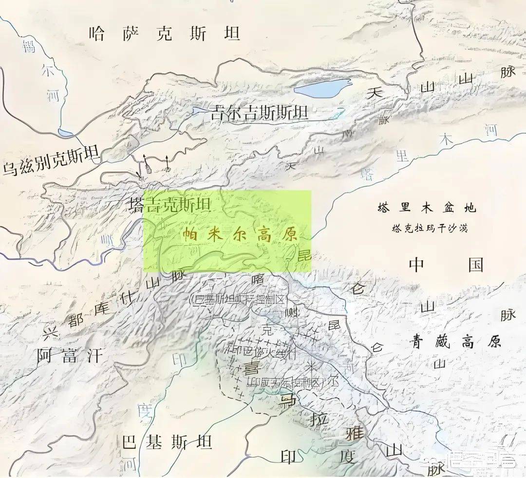 帕米尔高原地形图中塔两国的边境线,全部位于帕米尔高原之上.