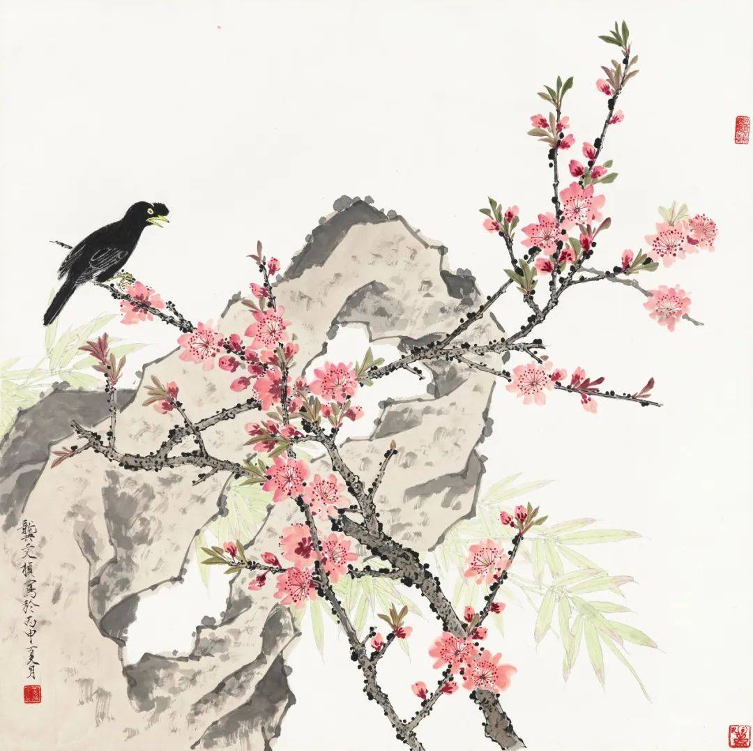 《山茶》44×66cm龚文桢《四喜图》179×96cm龚文桢《梅花山禽图》龚