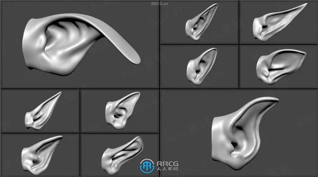 50组人形生物耳朵zbrush imm笔刷与3d模型合集