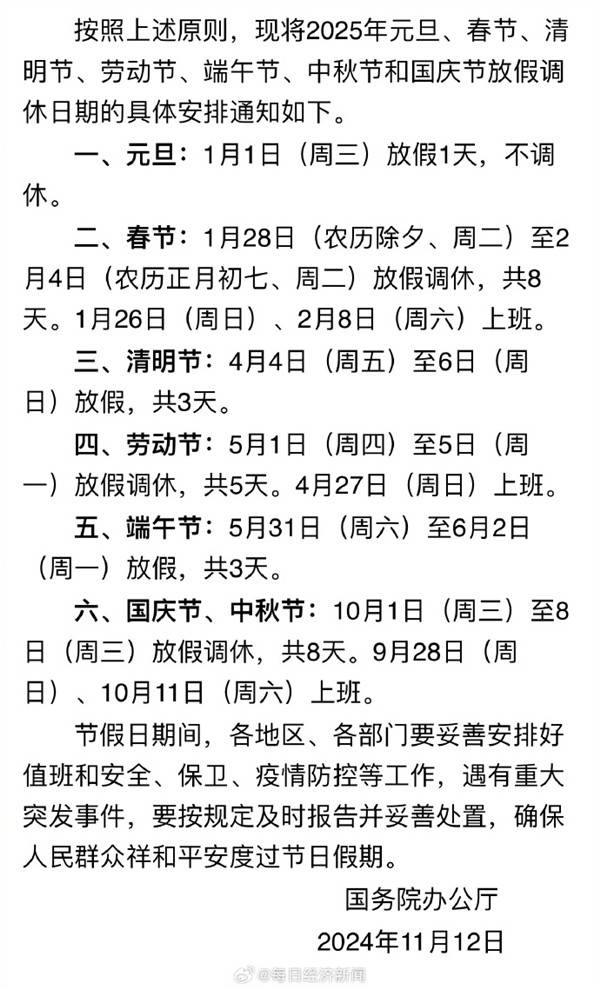 春节、五一法定节假日各加1天！2025年节假日上热搜：除夕不用上班了