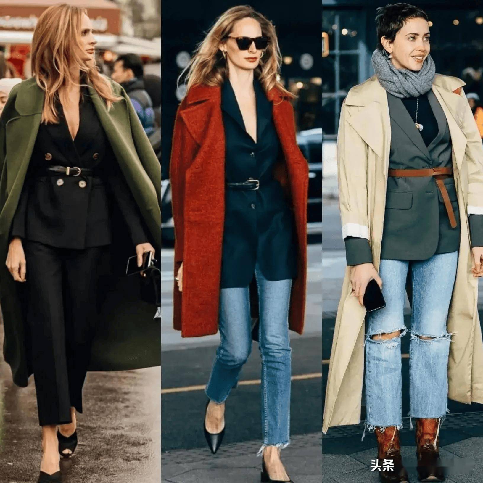 焦糖大衣,里面叠穿灰色西装,属于撞色系的搭配,最里面再叠穿白t,会提