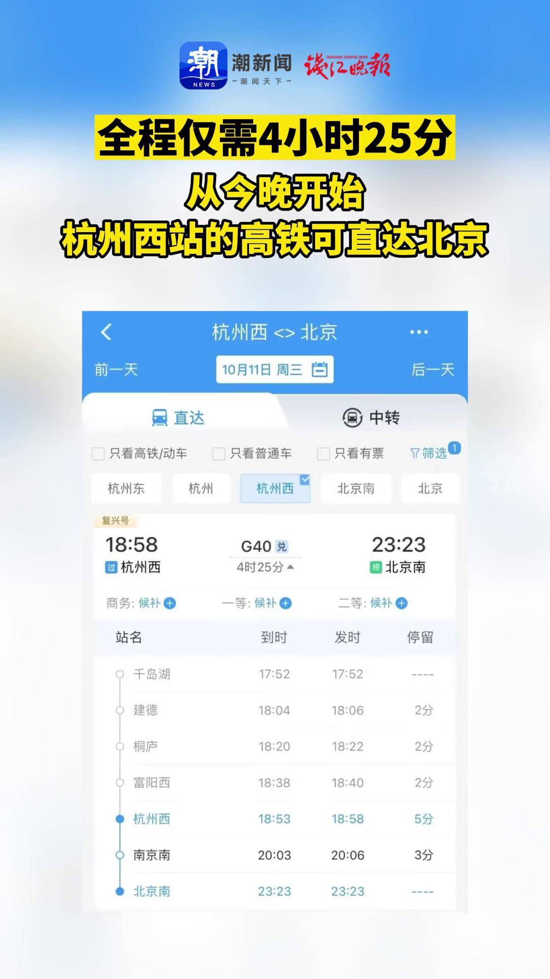 全程仅需4小时25分从今晚开始,杭州西站的高铁可直达北京高铁