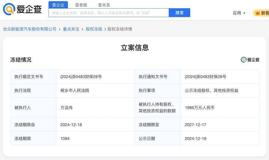 哪吒汽车官网故障 关联公司合众新能源存在多条法律纠纷