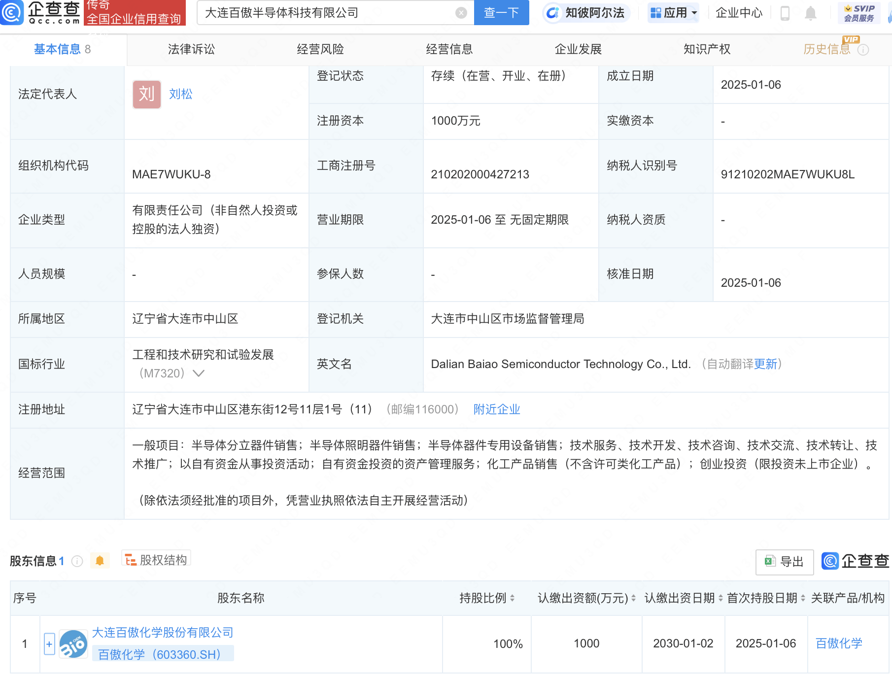 百傲化学新设半导体科技子公司