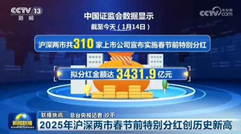 新闻联播再次报道A股：2025年沪深两市春节前特别分红创历史新高，拟分红金额达3431.9亿元